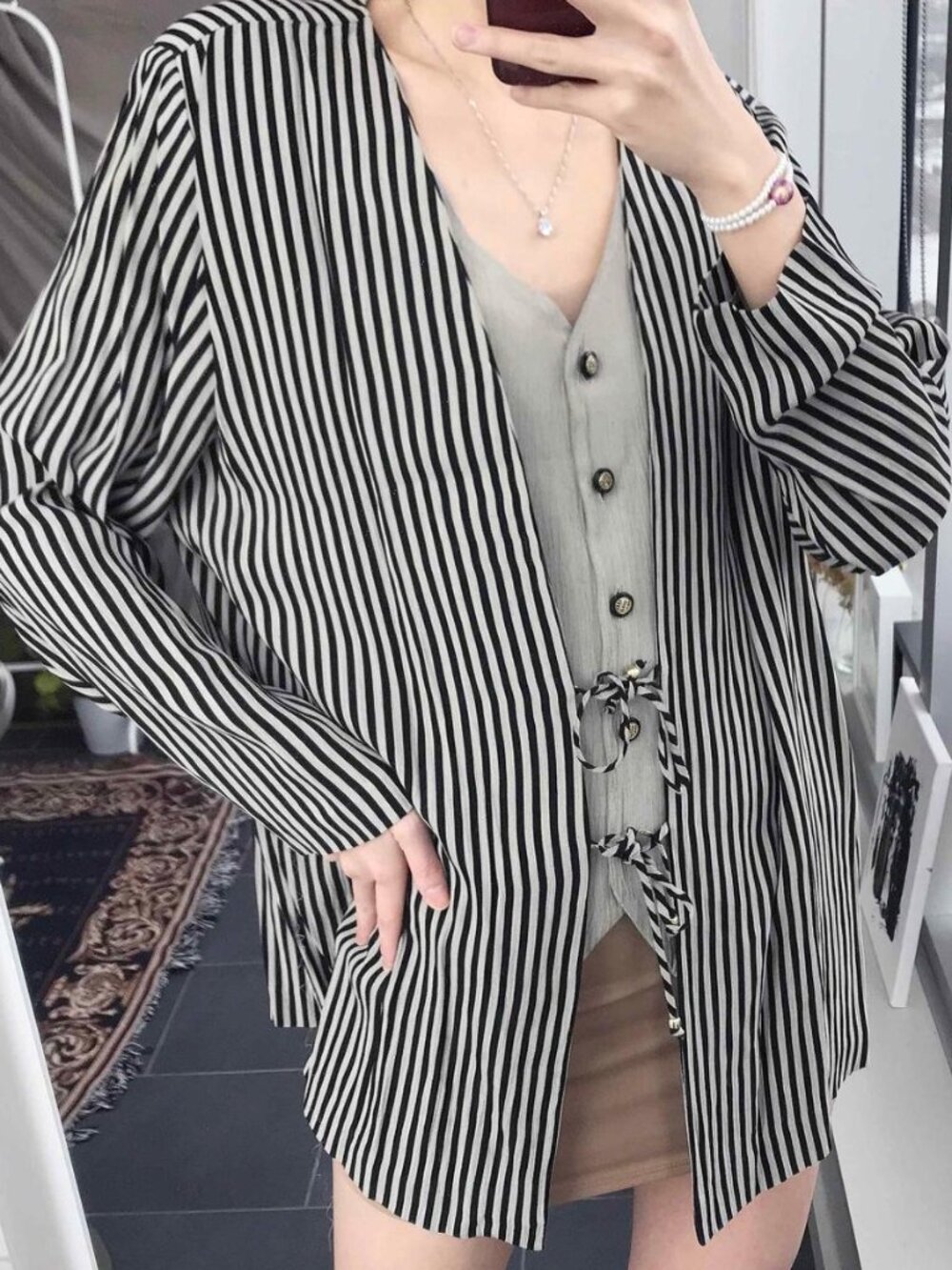 90s fake two-piece stripped blouse